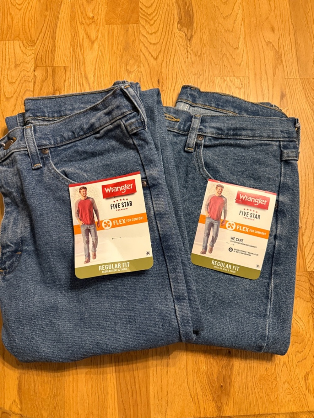2 Pairs of Wrangler Men Five Star Regular Fit Blue Jeans - Classic Denim